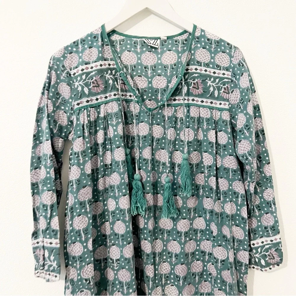 SZ BLOCKPRINTS x J Crew Leyla tie long sleeve cotton tunic dress O/S
